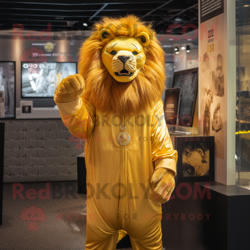 Gold Lion mascot costume character dressed with a Cover-up and Headbands Gold Lion mascot costume character dressed with a Cover-up and Headbands
