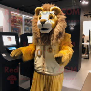 Gold Lion mascot costume character dressed with a Cover-up and Headbands