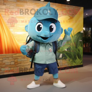 Teal Ray mascot costume character dressed with a Oxford Shirt and Backpacks