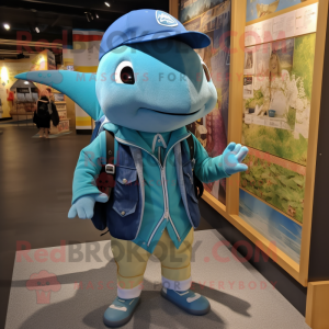Teal Ray mascot costume character dressed with a Oxford Shirt and Backpacks