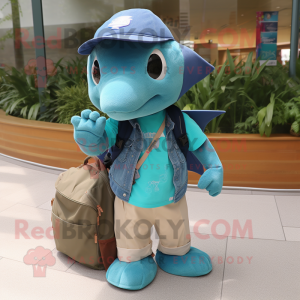 Teal Ray mascot costume character dressed with a Oxford Shirt and Backpacks