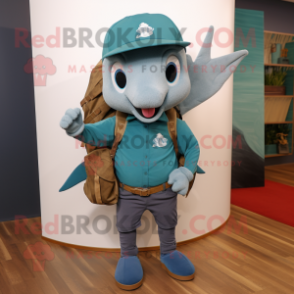 Teal Ray mascot costume character dressed with a Oxford Shirt and Backpacks