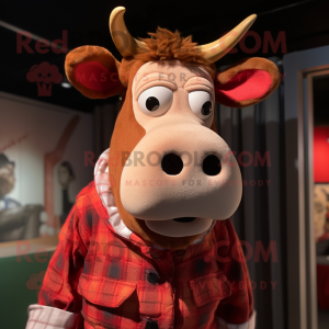 Red Jersey Cow mascot costume character dressed with a Flannel Shirt and Bow ties