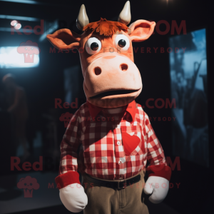 Red Jersey Cow mascot costume character dressed with a Flannel Shirt and Bow ties