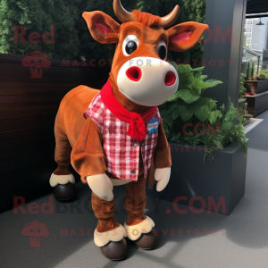 Red Jersey Cow mascot costume character dressed with a Flannel Shirt and Bow ties