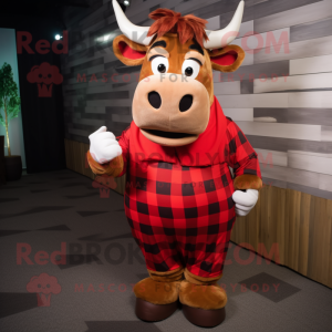 Red Jersey Cow mascot costume character dressed with a Flannel Shirt and Bow ties