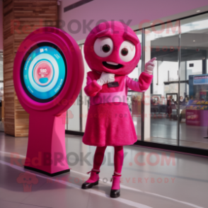 Magenta Donut mascot costume character dressed with a Shift Dress and Digital watches