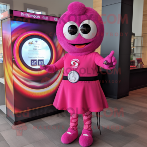 Magenta Donut mascot costume character dressed with a Shift Dress and Digital watches