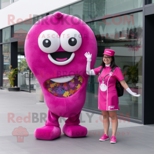 Magenta Donut mascot costume character dressed with a Shift Dress and Digital watches