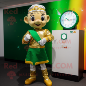 Gold Irish Flag mascot costume character dressed with a Wrap Dress and Digital watches
