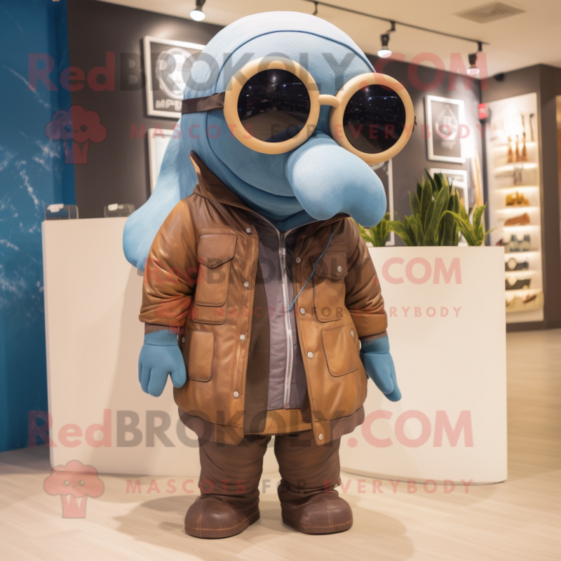 Brown Blue Whale mascot costume character dressed with a Parka and Eyeglasses Brown Blue Whale mascot costume character dressed with a Parka and Eyeglasses