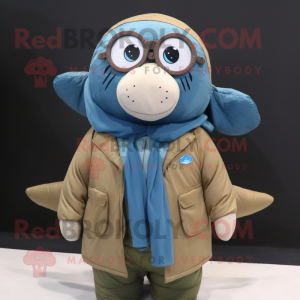 Brown Blue Whale mascot costume character dressed with a Parka and Eyeglasses