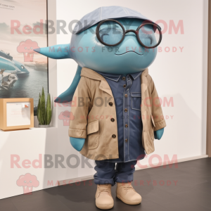 Brown Blue Whale mascot costume character dressed with a Parka and Eyeglasses