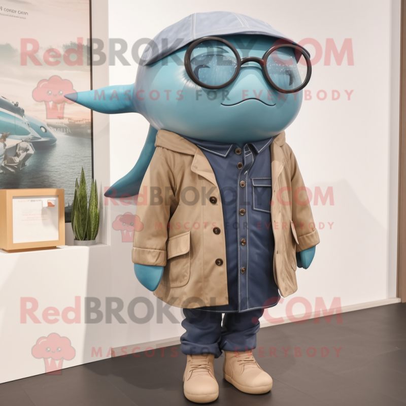 Brown Blue Whale mascot costume character dressed with a Parka and Eyeglasses Brown Blue Whale mascot costume character dressed with a Parka and Eyeglasses