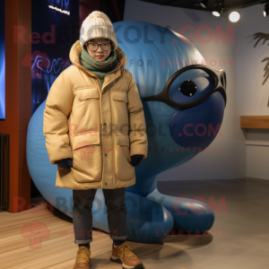 Brown Blue Whale mascot costume character dressed with a Parka and Eyeglasses