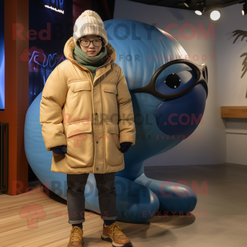 Brown Blue Whale mascot costume character dressed with a Parka and Eyeglasses Brown Blue Whale mascot costume character dressed with a Parka and Eyeglasses