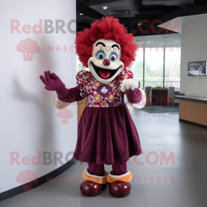 Maroon Clown mascot costume character dressed with a Shift Dress and Gloves