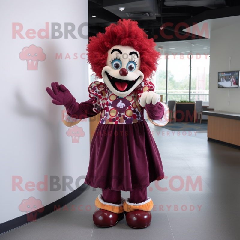 Maroon Clown mascot costume character dressed with a Shift Dress and Gloves Maroon Clown mascot costume character dressed with a Shift Dress and Gloves