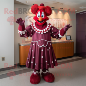 Maroon Clown mascot costume character dressed with a Shift Dress and Gloves