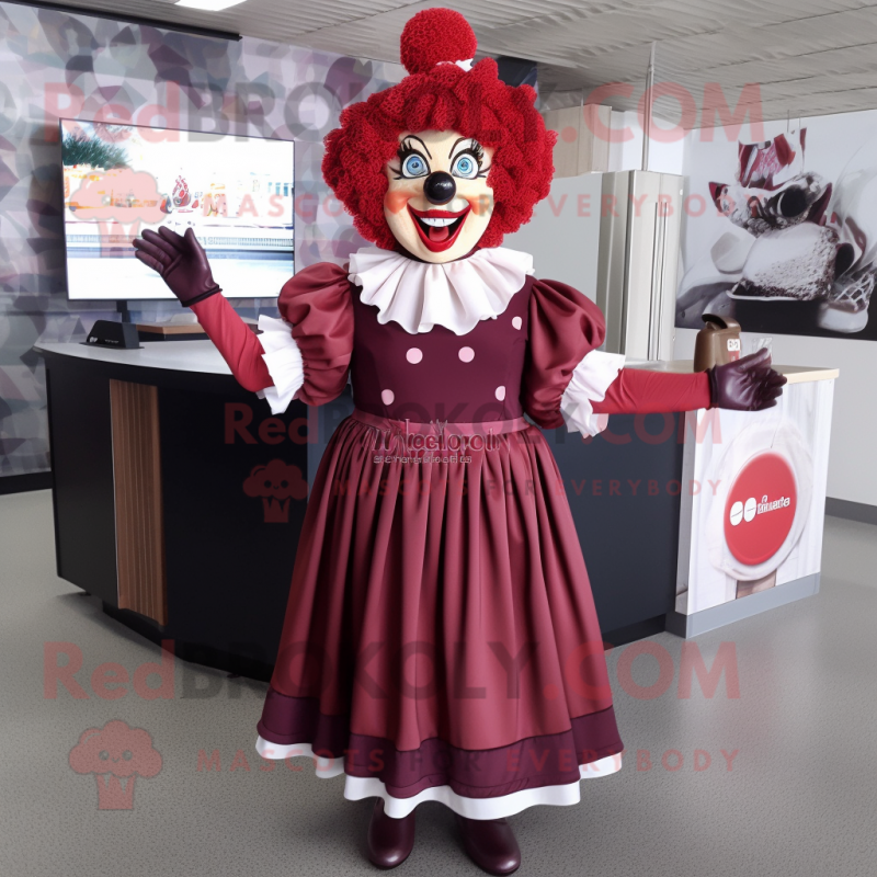 Maroon Clown mascot costume character dressed with a Shift Dress and Gloves