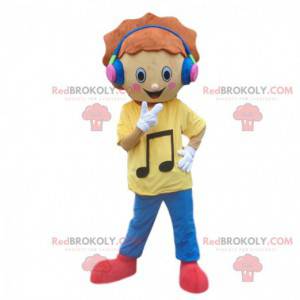 Mascotte de jeune garçon avec un casque audio. Costume musique