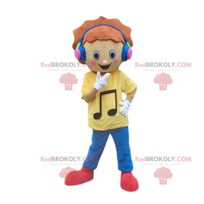 Mascotte de jeune garçon avec un casque audio. Costume musique