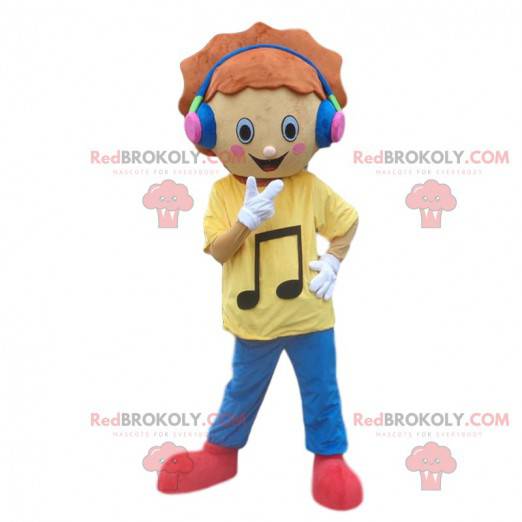 Mascotte de jeune garçon avec un casque audio. Costume musique