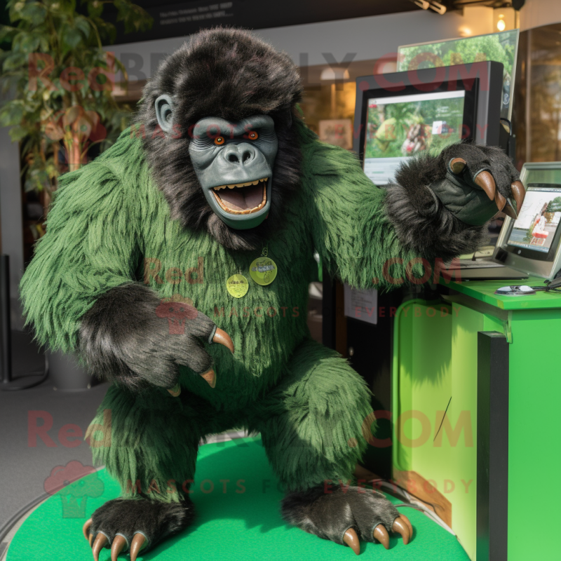 Forest Green Gorilla mascot costume character dressed with a Playsuit and Brooches Forest Green Gorilla mascot costume character dressed with a Playsuit and Brooches