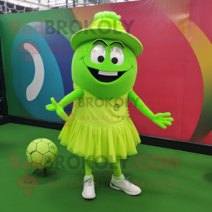 Lime Green Soccer Goal mascot costume character dressed with a Skirt and Hat pins
