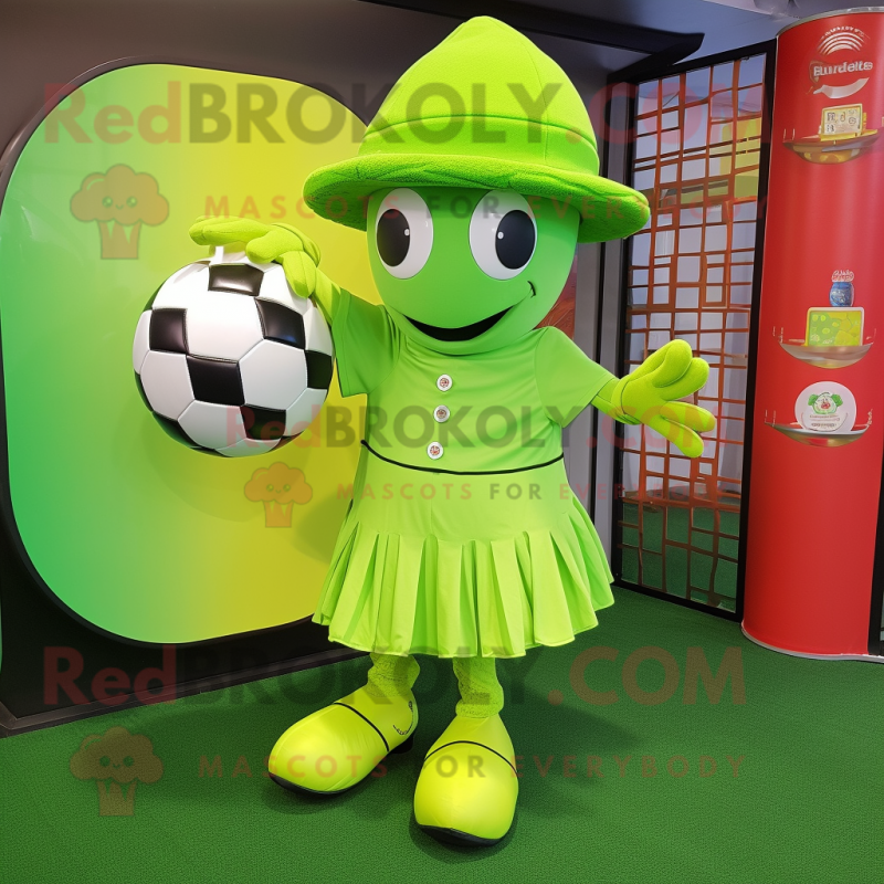 Lime Green Soccer Goal mascot costume character dressed with a Skirt and Hat pins