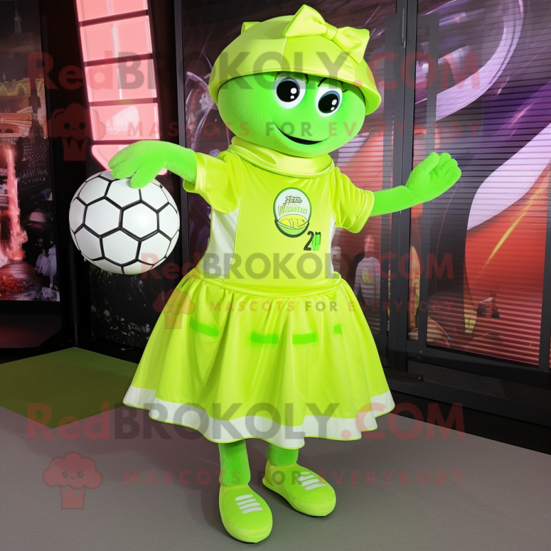 Lime Green Soccer Goal mascot costume character dressed with a Skirt and Hat pins