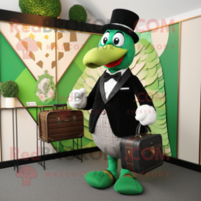 Green Turkey mascot costume character dressed with a Tuxedo and Handbags