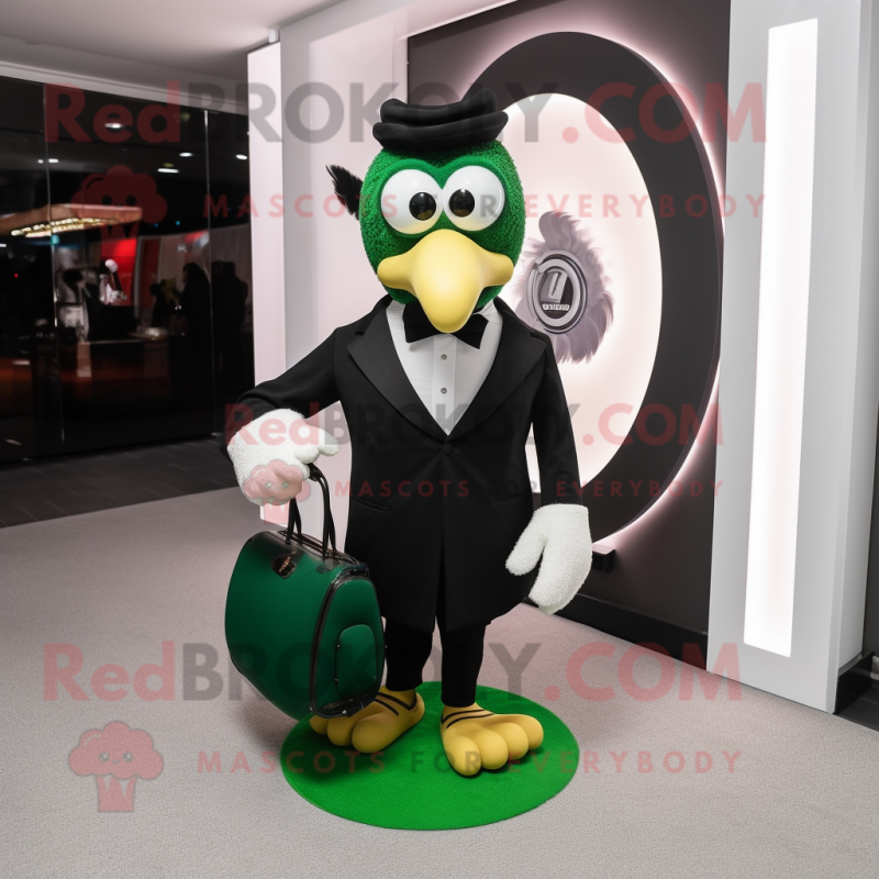 Green Turkey mascot costume character dressed with a Tuxedo and Handbags Green Turkey mascot costume character dressed with a Tuxedo and Handbags