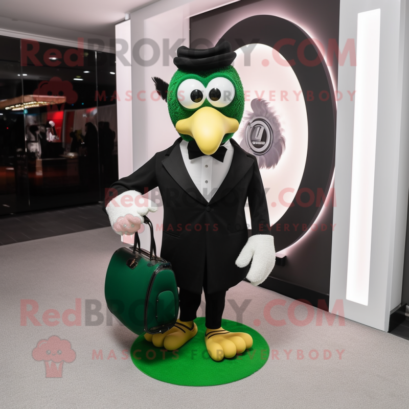 Green Turkey mascot costume character dressed with a Tuxedo and Handbags