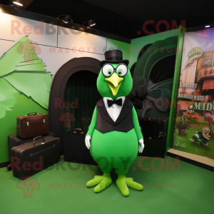 Green Turkey mascot costume character dressed with a Tuxedo and Handbags