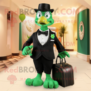 Green Turkey mascot costume character dressed with a Tuxedo and Handbags
