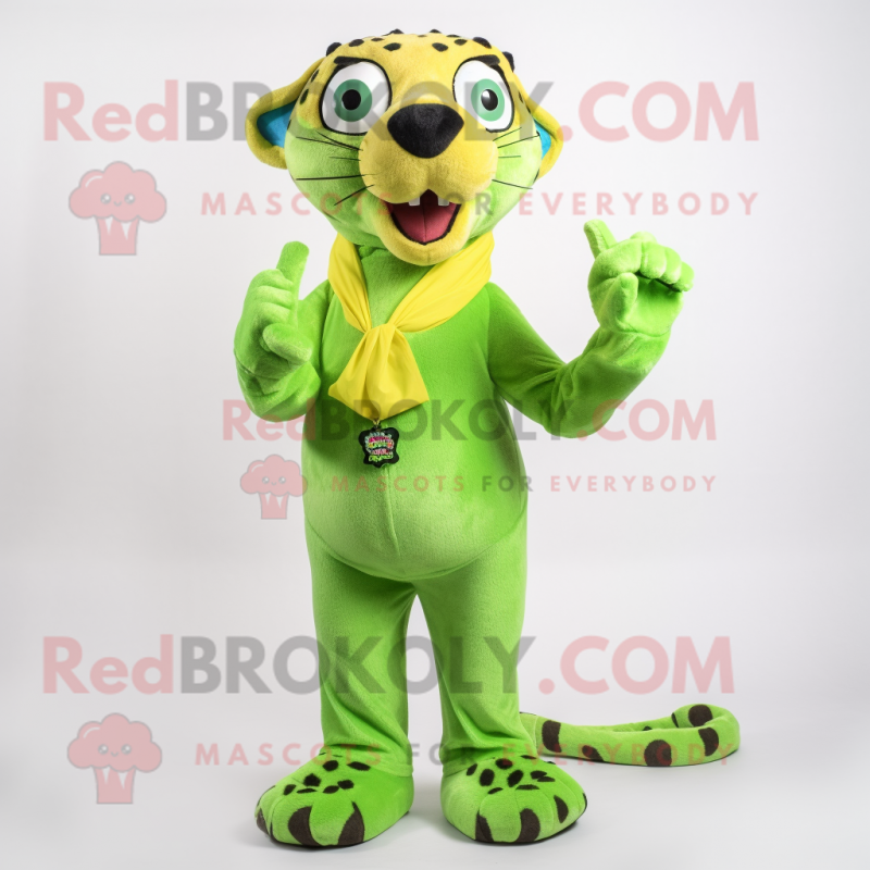 Lime Green Cheetah mascot costume character dressed with a Button-Up Shirt and Wraps