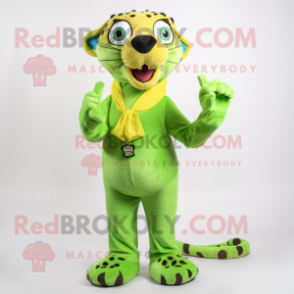 Lime Green Cheetah mascot costume character dressed with a Button-Up Shirt and Wraps