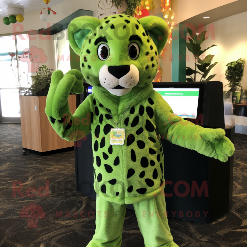 Lime Green Cheetah mascot costume character dressed with a Button-Up Shirt and Wraps