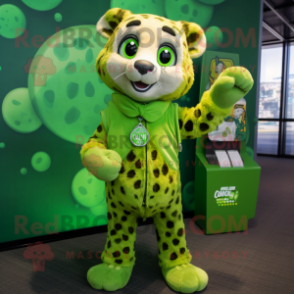 Lime Green Cheetah mascot costume character dressed with a Button-Up Shirt and Wraps