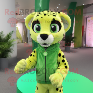 Lime Green Cheetah mascot costume character dressed with a Button-Up Shirt and Wraps