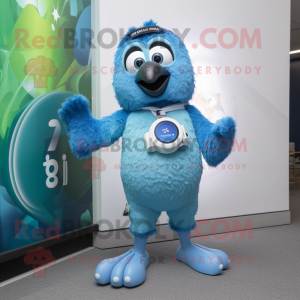 Blue Kiwi mascot costume character dressed with a Bikini and Smartwatches