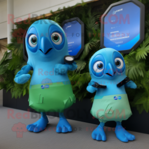 Blue Kiwi mascot costume character dressed with a Bikini and Smartwatches