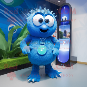 Blue Kiwi mascot costume character dressed with a Bikini and Smartwatches