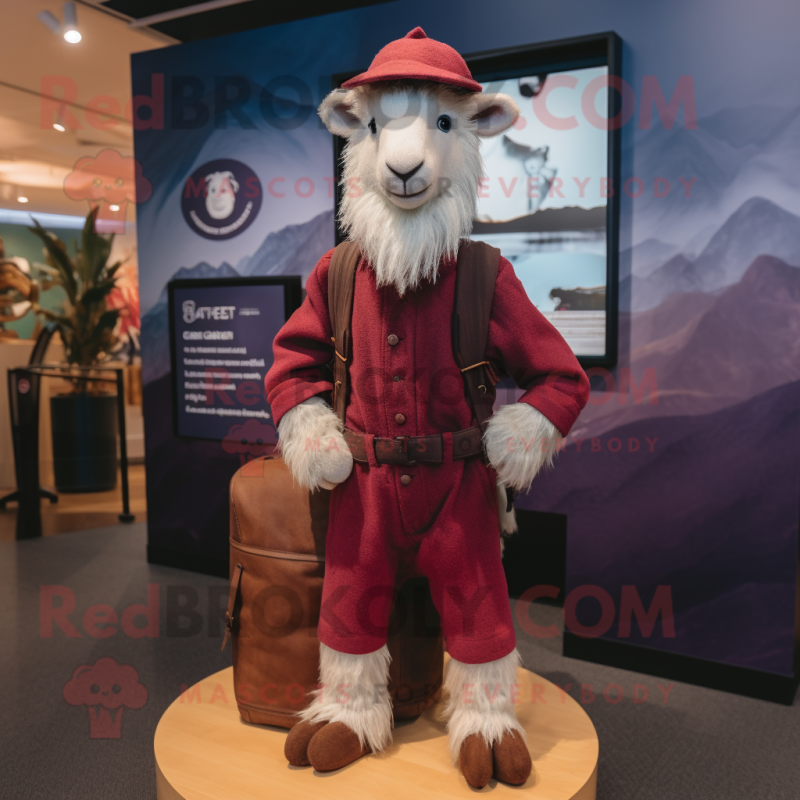 Maroon Angora Goat mascot costume character dressed with a Cargo Pants and Scarves