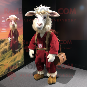 Maroon Angora Goat mascot costume character dressed with a Cargo Pants and Scarves