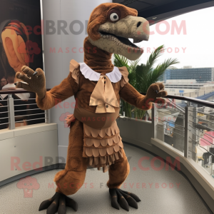 Brown Deinonychus mascot costume character dressed with a Circle Skirt and Cufflinks