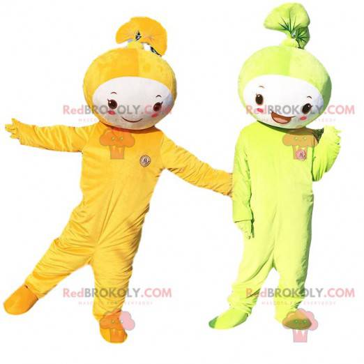 2 leaf mascots, one green and one orange. Cosplay sheet -