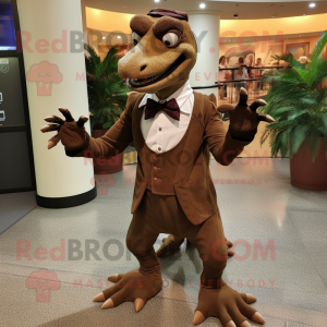 Brown Deinonychus mascot costume character dressed with a Circle Skirt and Cufflinks