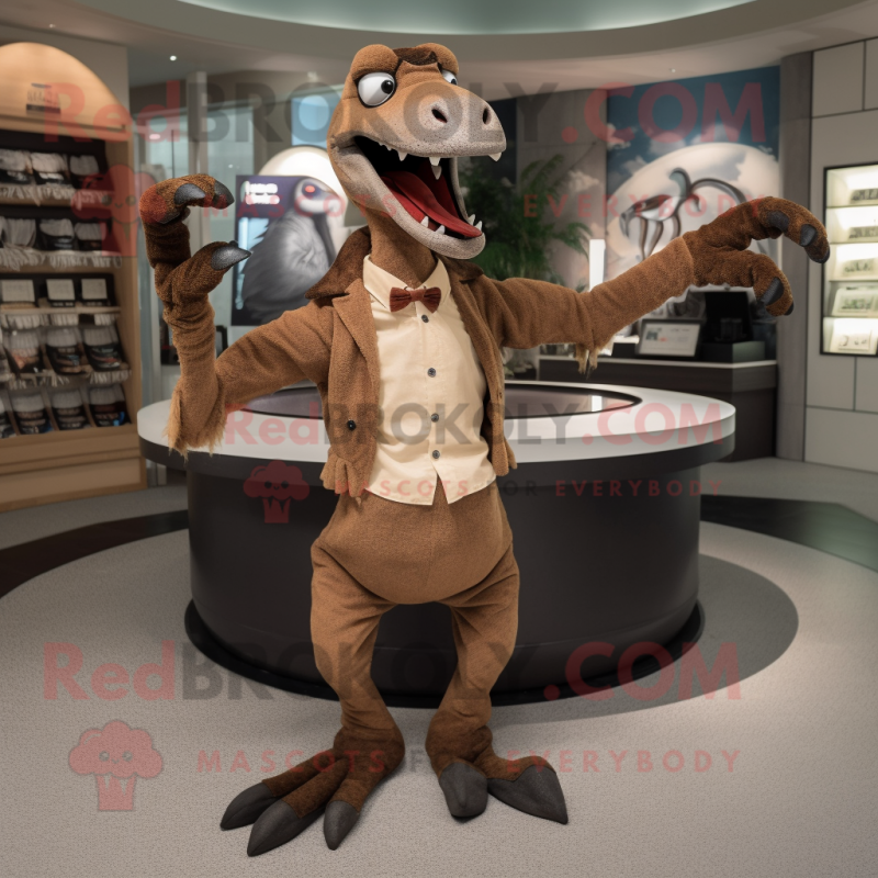 Brown Deinonychus mascot costume character dressed with a Circle Skirt and Cufflinks